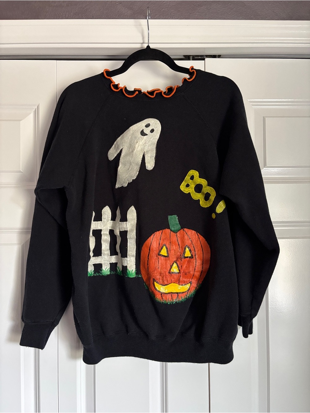 VTG Hand Painted Black Halloween Sweatshirt with Orange Ruffle Trim
